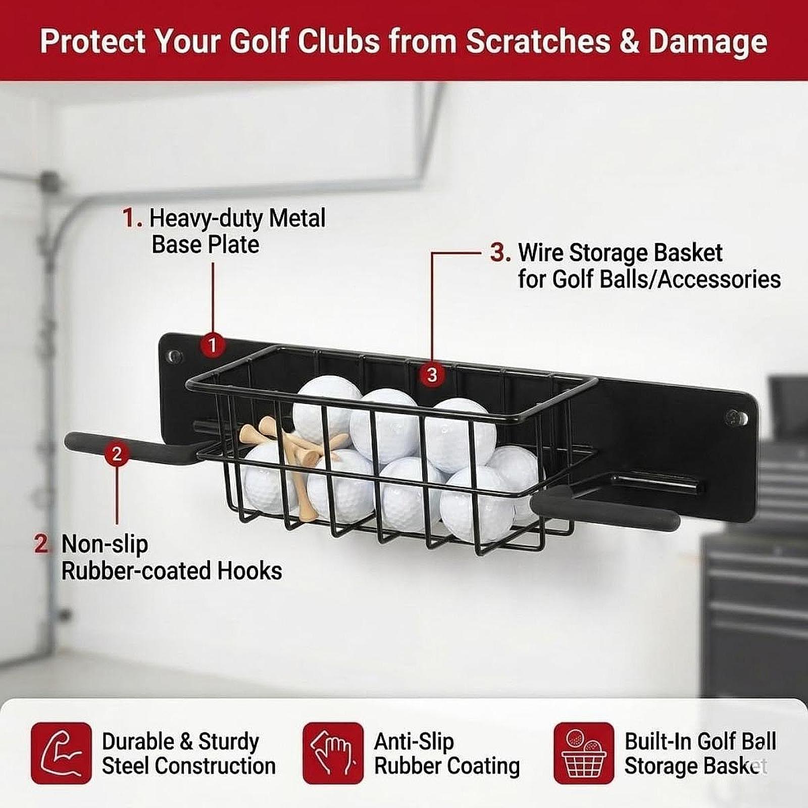Golf Equipment Organizer For Garage - 省スペースゴルフ用品壁掛けラック、金属製バッグホルダー、収納バスケット付き、頑丈なオーガナイザー、ガレージ、自宅、クラブエリア用