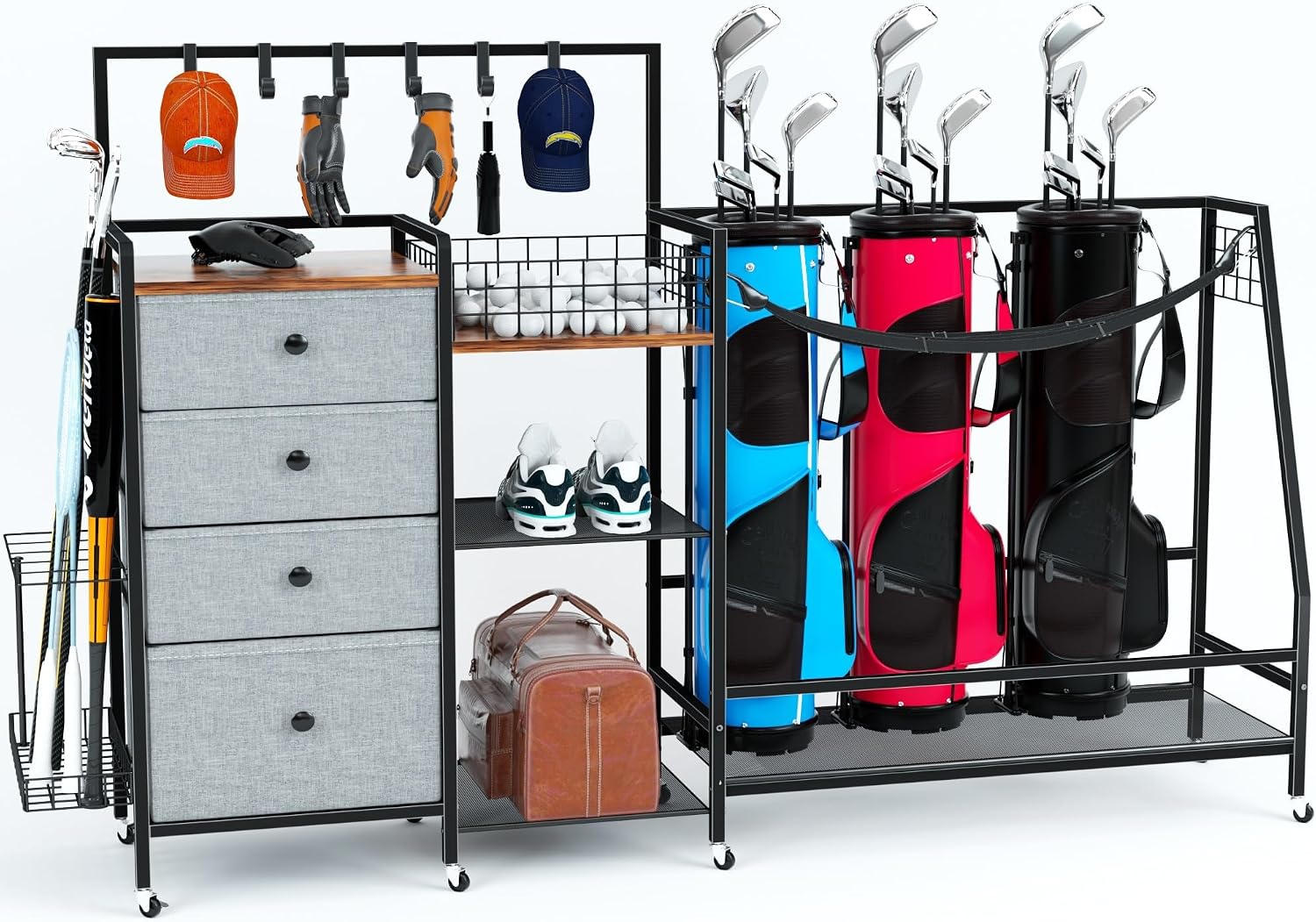 Golf Equipment Organizer For Garage - 特大ゴルフバッグ収納ラック（ガレージ用）、頑丈な金属製ゴルフオーガナイザースタンド（3つのバッグを収納可能）、屋外スポーツ用品収納カート（布製引き出し、サイドバスケット、ロック可能なキャスターホイール付き）、ブラック