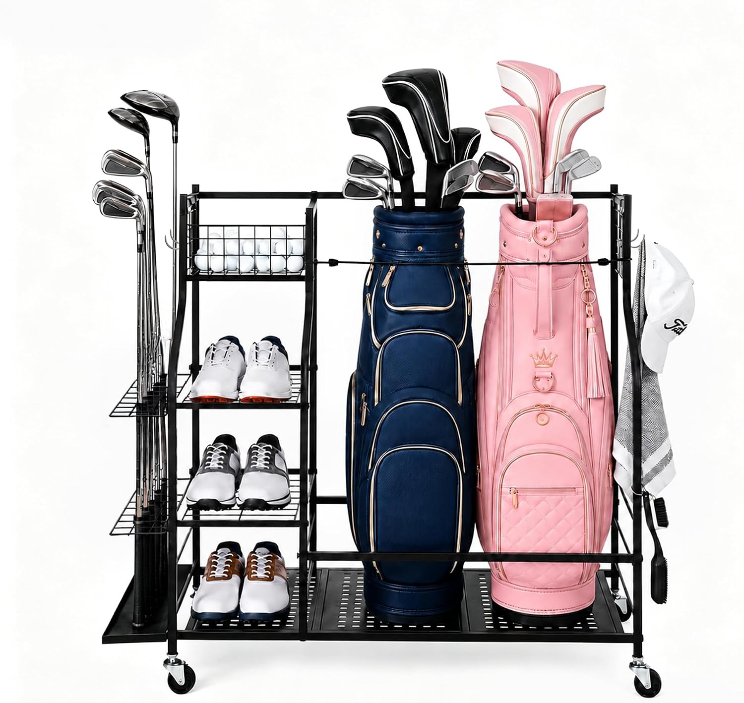 Golf Equipment Organizer For Garage - 頑丈なゴルフバッグ収納ラック（ガレージ用、キャスター付き）、大容量ゴルフバッグオーガナイザースタンド、多機能ゴルフクラブディスプレイラック、屋外スポーツ用品ホルダー、ブラック