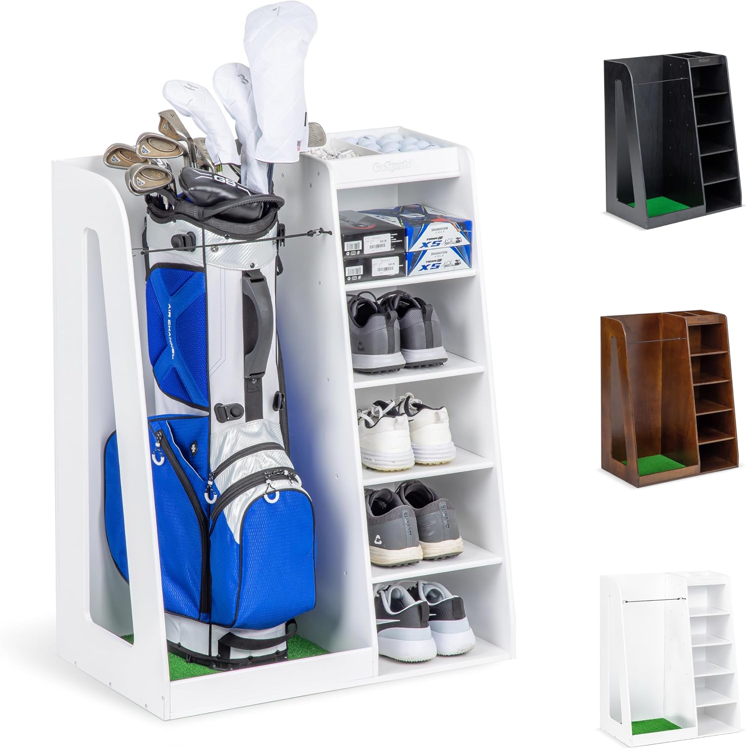 Golf Equipment Organizer For Garage - プレミアム木製ゴルフバッグ収納ラック＆ガレージオーガナイザー、頑丈な多機能スポーツ用品ディスプレイスタンド（調節可能な棚付き）、ブラック