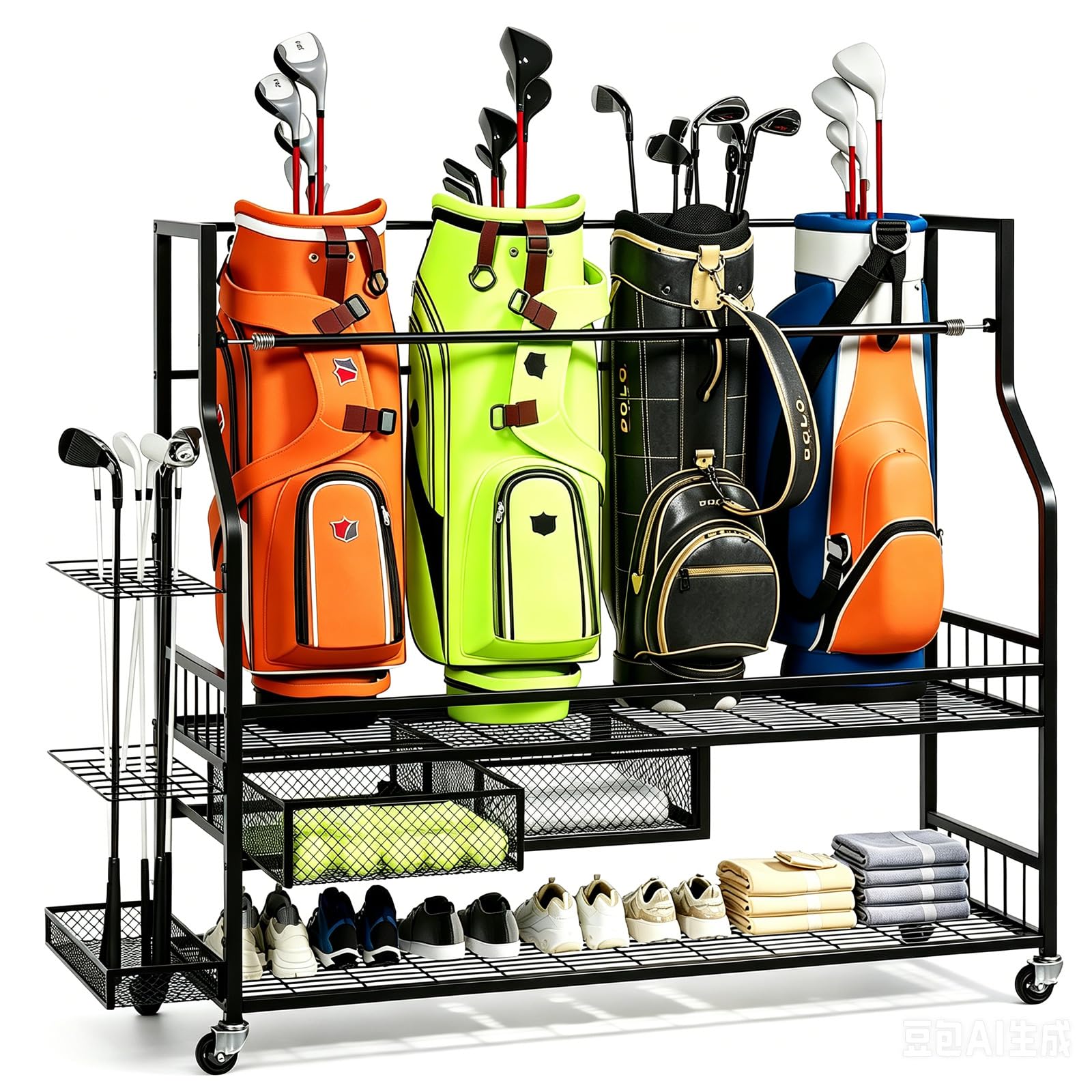 Golf Equipment Organizer For Garage - ガレージ用ゴルフバッグ収納オーガナイザー、ロック可能なホイール付き頑丈な金属製ゴルフバッグスタンド、2～3つのバッグ、クラブ、靴、アクセサリー用の大型ゴルフ用品収納ラック