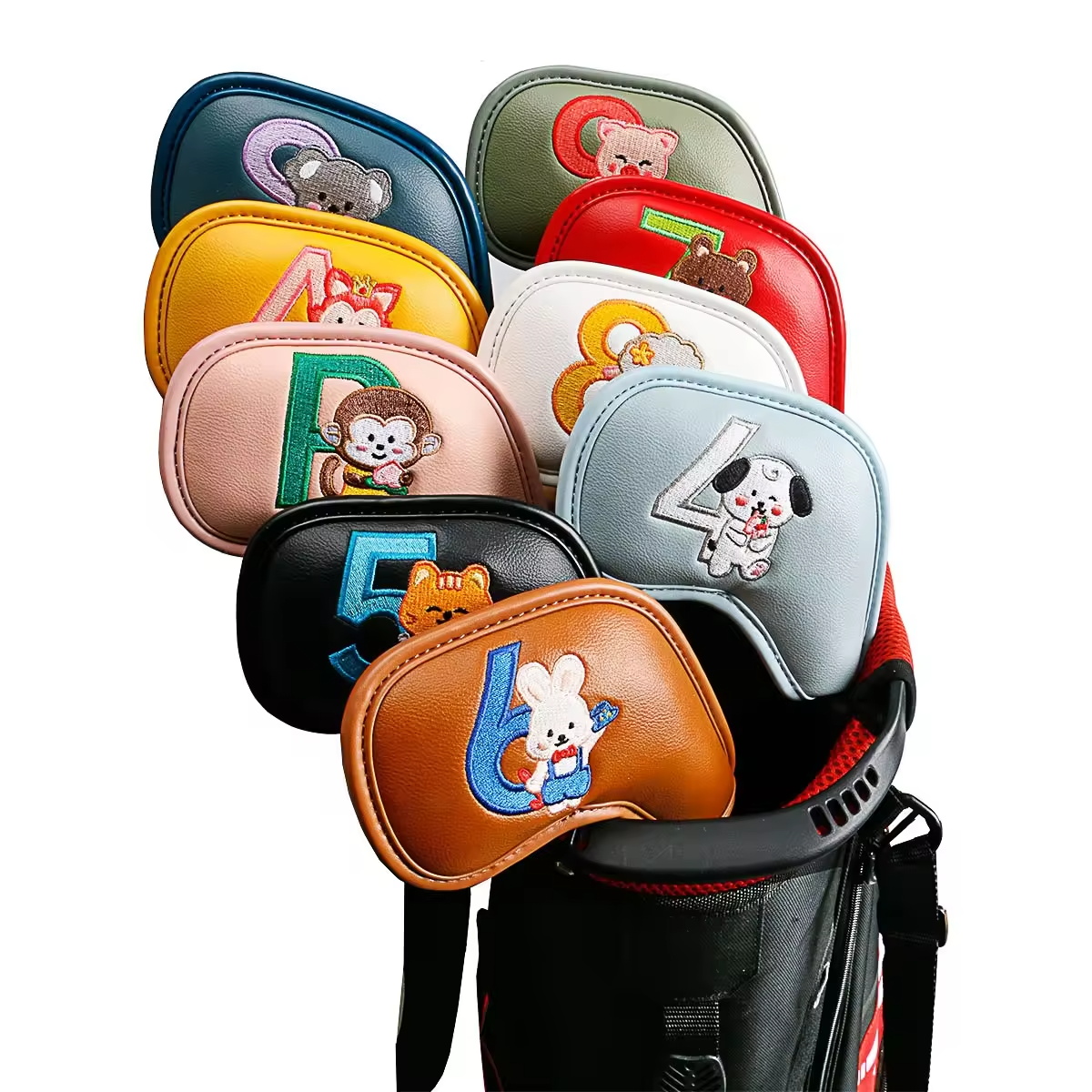 Headcover Driver - 9個入りのかわいい漫画風動物ゴルフアイアンヘッドカバー、PUレザー刺繍クラブプロテクター、男性女性ゴルファーへのゴルフアクセサリーギフト
