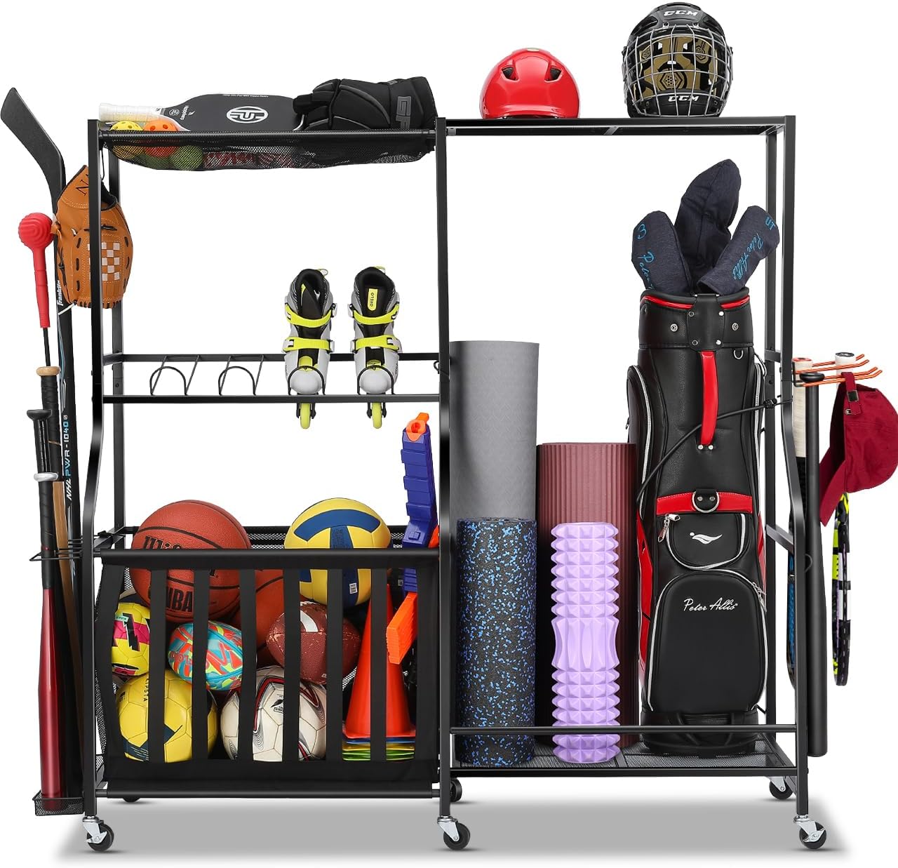 Golf Equipment Organizer For Garage - ガレージスポーツ用品オーガナイザー（ホイール付き）ゴルフバッグ収納ラック、ボール収納ビン、頑丈なローリングガレージ収納フレームコンテナシステム、バスケットフック、屋内用、黒