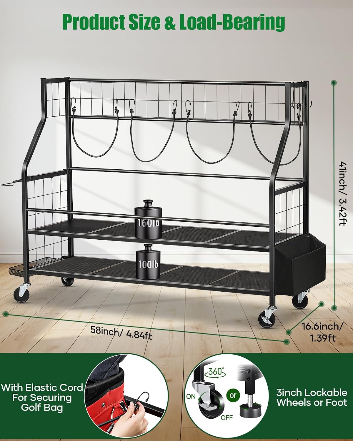 金属製ゴルフバッグ収納ガレージオーガナイザー 大型ローリング - Golf Equipment Organizer For Garage のレビューと価格