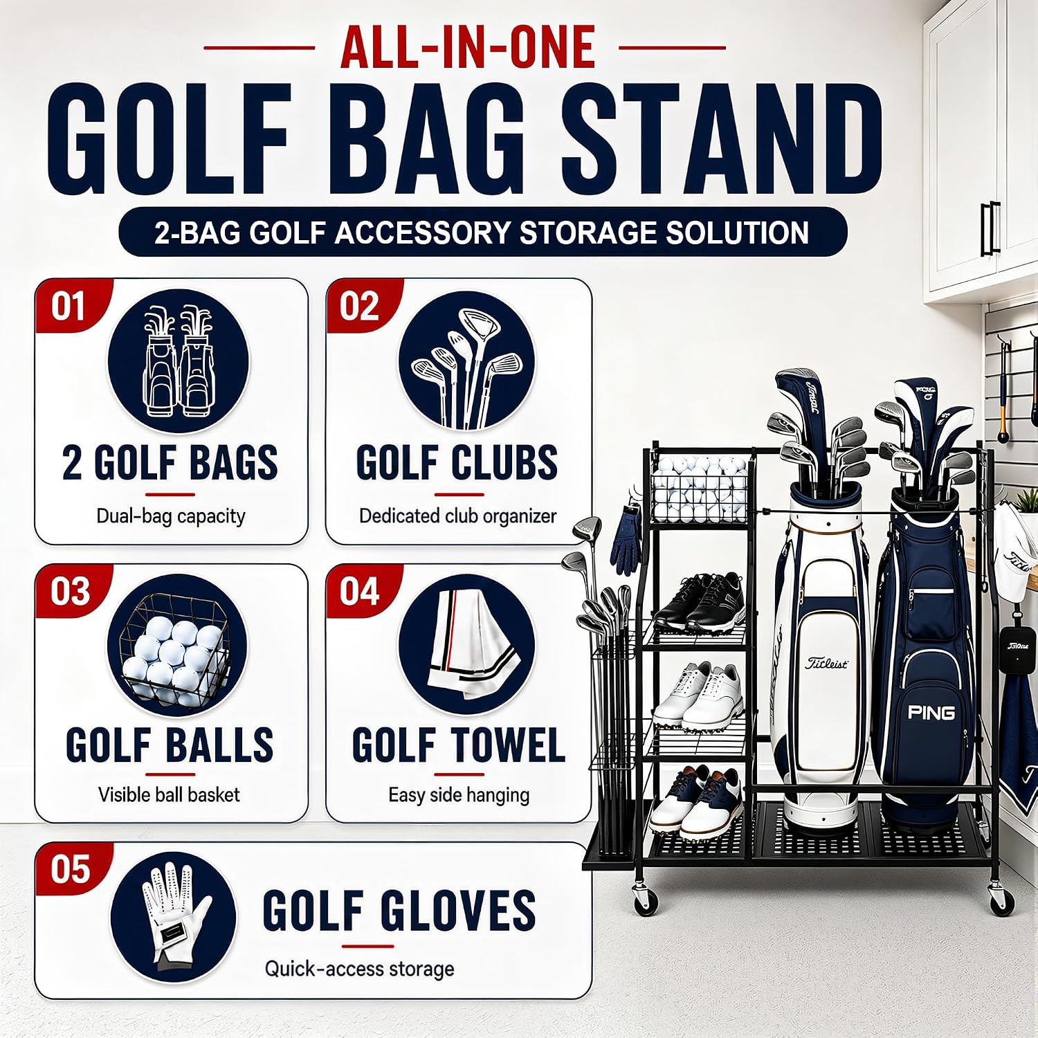 頑丈なゴルフバッグ収納ラック（ガレージ用、キャスター付き）、 - Golf Equipment Organizer For Garage のレビューと価格