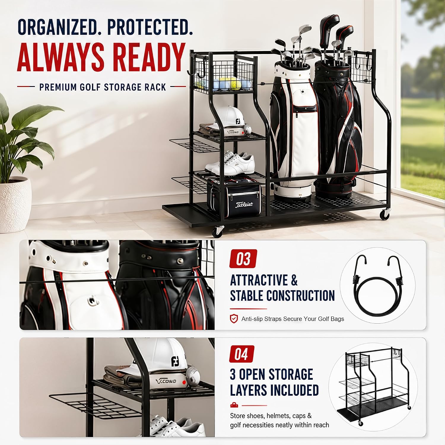 頑丈なゴルフバッグ収納ラック（ガレージ用、キャスター付き）、 - Golf Equipment Organizer For Garage のレビューと価格