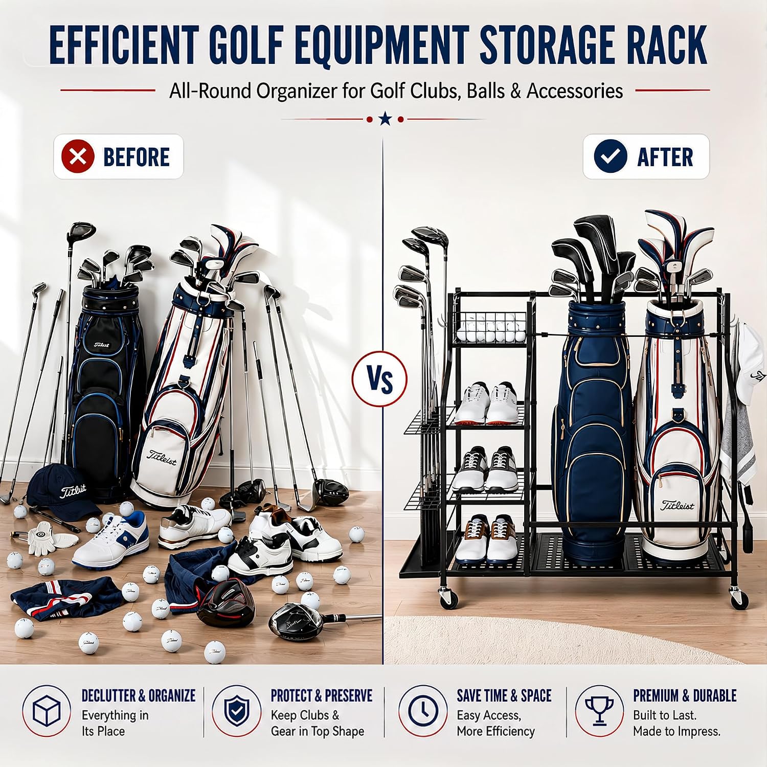 頑丈なゴルフバッグ収納ラック（ガレージ用、キャスター付き）、 - Golf Equipment Organizer For Garage のレビューと価格