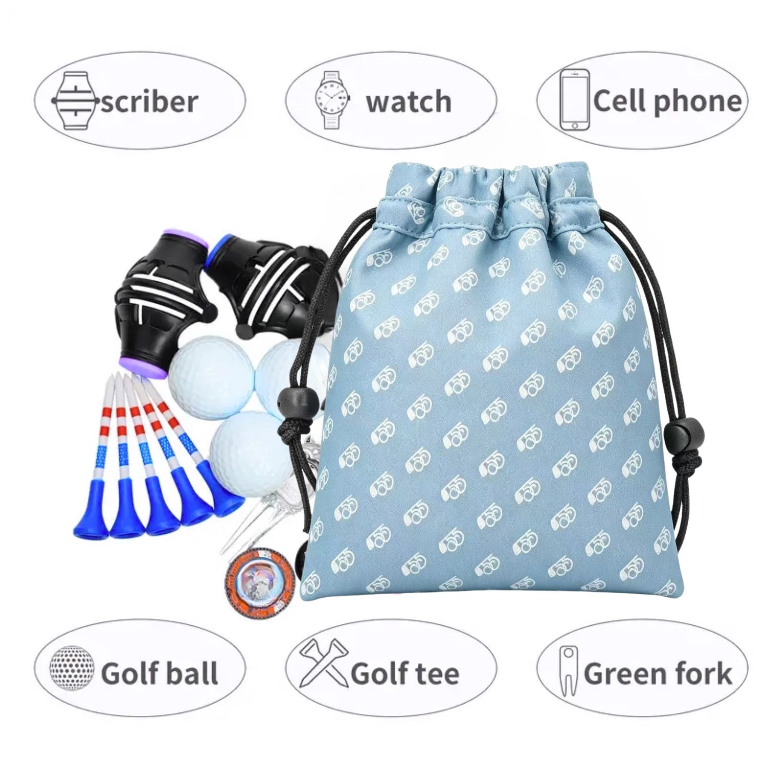ミニマリストなブルーのゴルフ貴重品バッグ。巾着式でゴルフボー - Golf Equipment Drawing のレビューと価格
