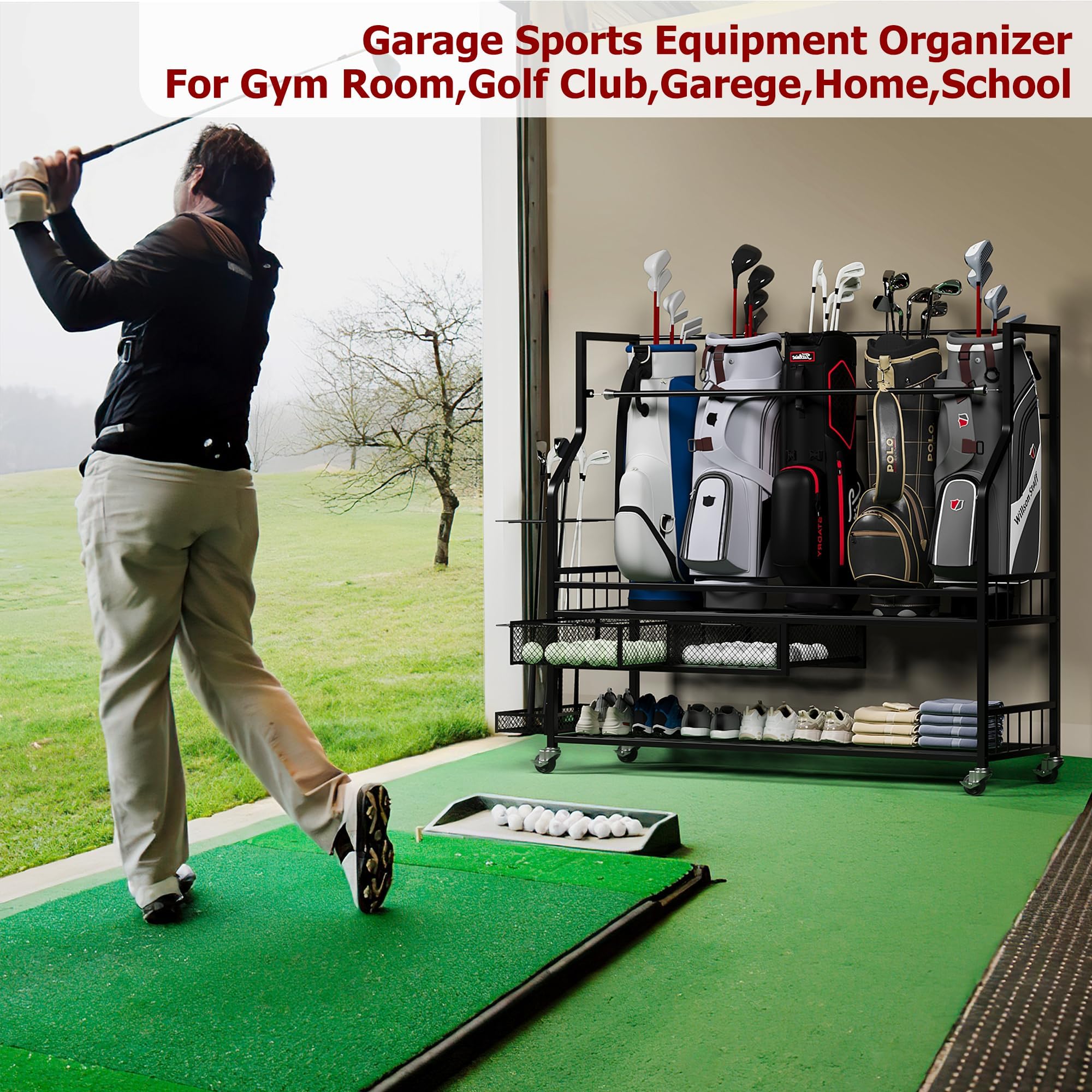 ガレージ用ゴルフバッグ収納オーガナイザー、ロック可能なホイー - Golf Equipment Organizer For Garage のレビューと価格